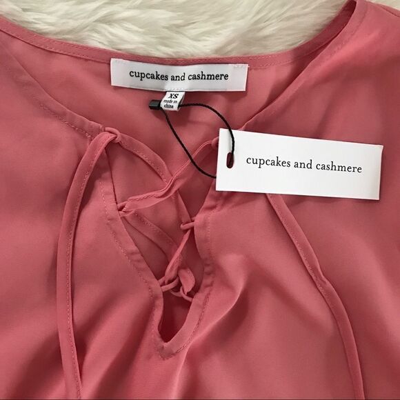 Coral Pink Lace Up Peplum‎ Top Blouse Short Flutter Sleeve Flowy XS X-Small New - Picture 7 of 14